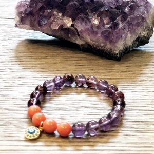 Mala Bracelet Amethyst Super Seven Evil Eye Coral